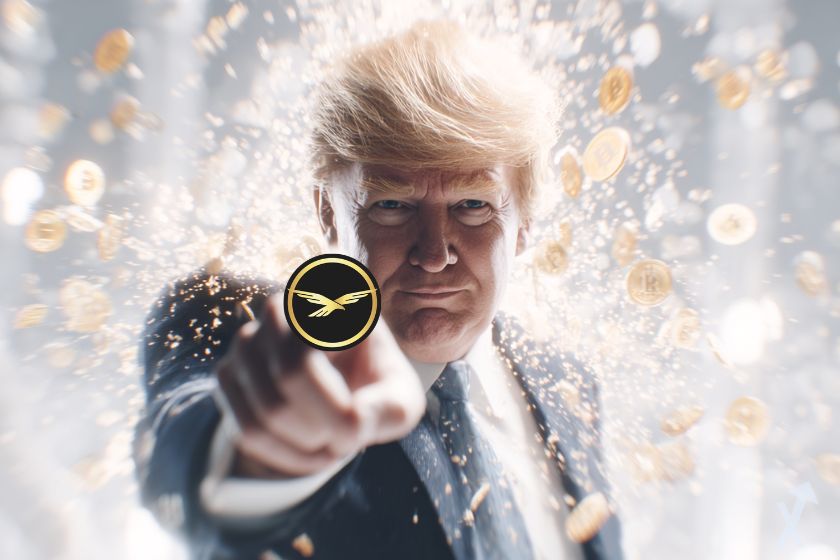 donald trump les cheveux en pétard, dans une explosion blanche lumineuse, montrant son token wlfi