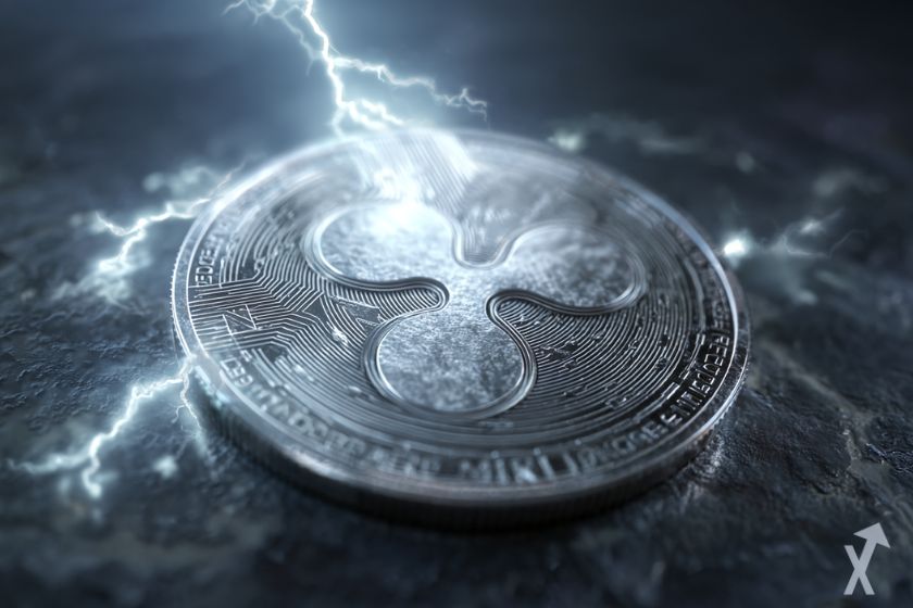 coin 3D xrp gris avec des éclairs dans un environnement sombre