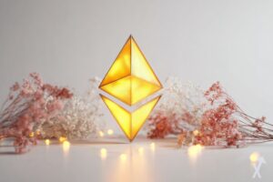 logo ethereum brillant dans un environnement fleuri sur fond gris
