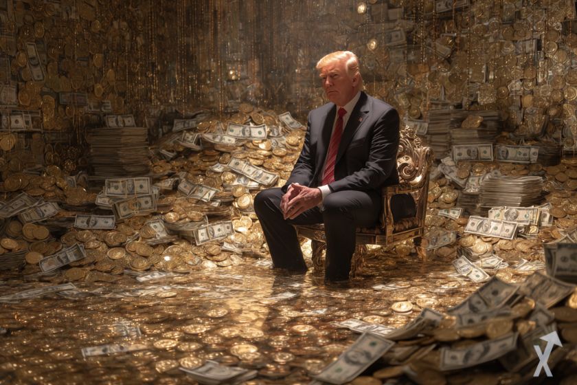 trump assis sur des dollars et des coin crypto