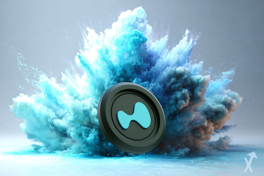 logo hyperliquid hype dans une explosion de fumée bleue turquoise