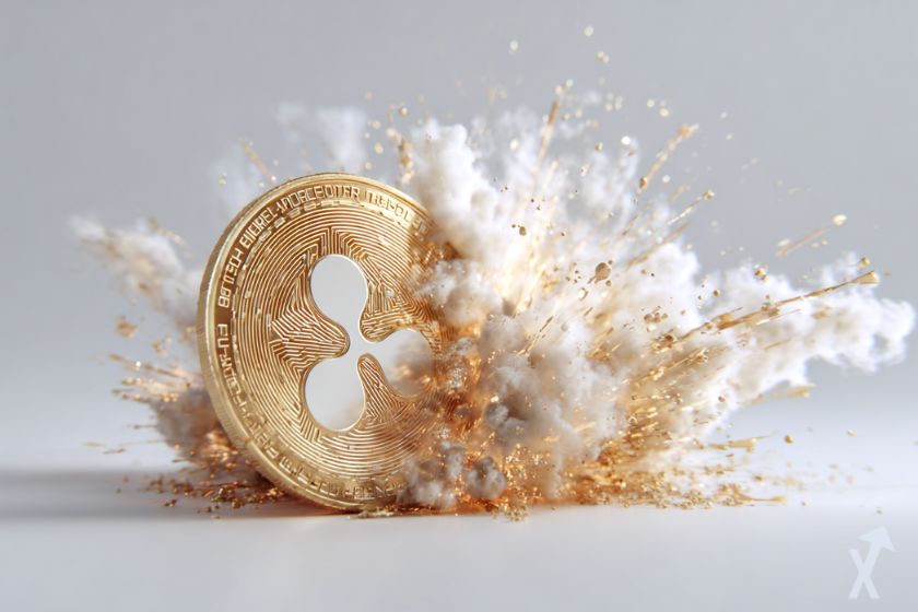 coin 3D xrp doré, dans une explosion de fumée blanche et dorée sur fond gris