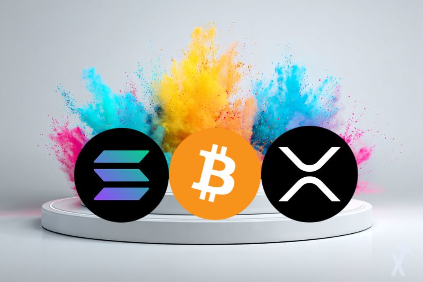 coin solana xrp btc sur un podium blanc avec une explosion de couleurs jaune bleu rose