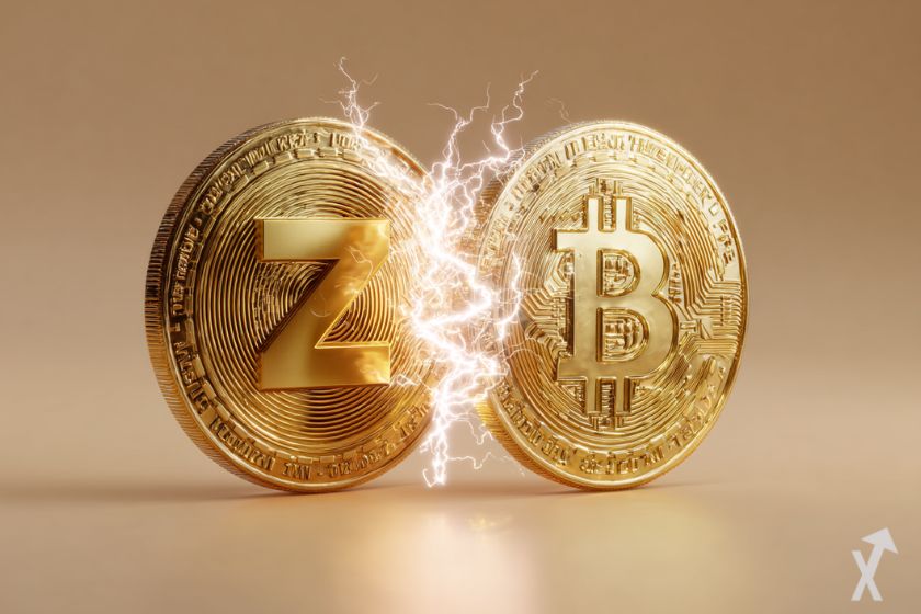 coin 3D zcash et bitcoin doré en duel, avec de l'électricité entre, sur fond doré