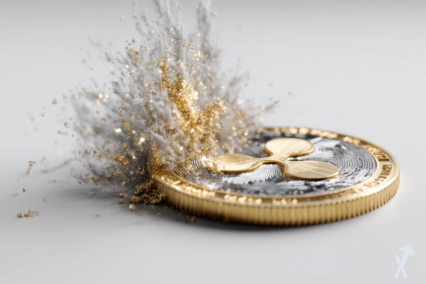 coin 3D xrp doré et gris, dans une explosion doré et grise, sur fond gris