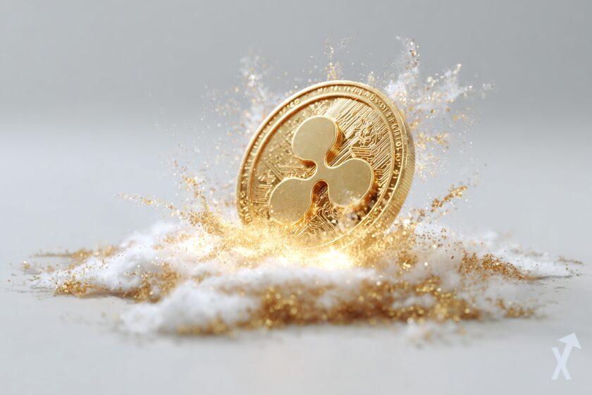 coin 3D xrp doré dans une poussière dorée et blanche, sur fond blanc lumineux