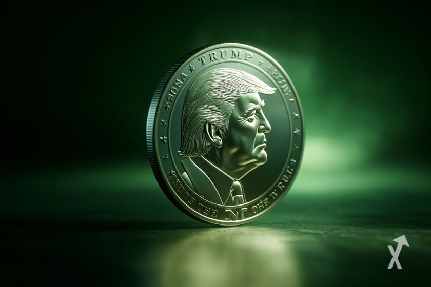 Une pièce de monnaie avec le visage de Donald Trump sur un fond vert sombre