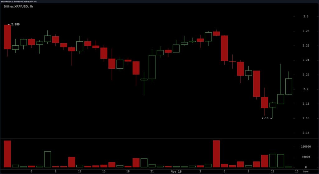 Un gráfico de precios de 1 hora del token XRP de Ripple revelando el soporte de los 2,16 dólares