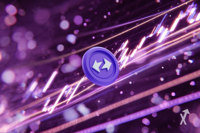 Le token violet ZkSync sur un fond de graphique 3D avec des couleurs violettes