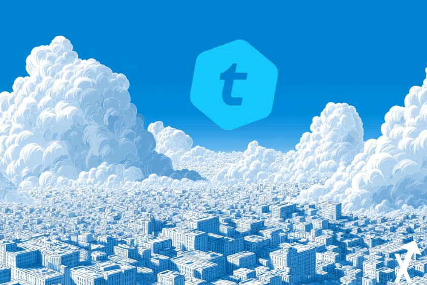 telcoin coin bleu blanc sur fond nuageux ville