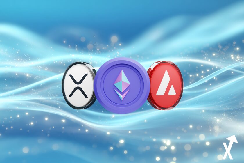 eth avax xrp coins sur fond vagues blockchains crypto bleue