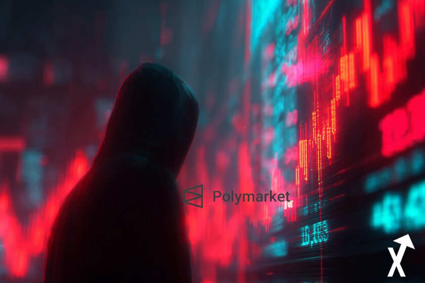 hacker en noir au centre avec trading chart rouge et logo polymarket