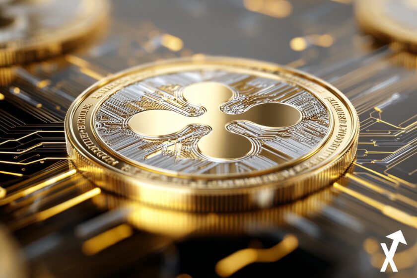 xrp coin doré sur fond blockchain doré argenté