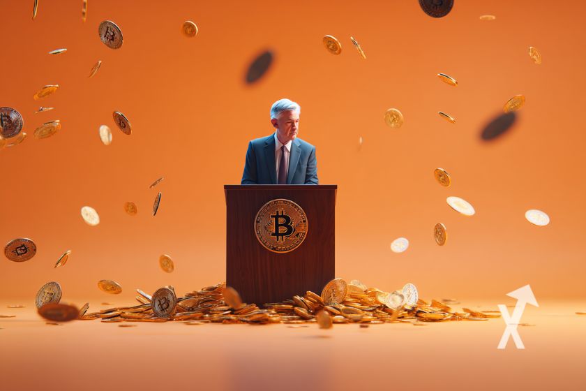 Jerome Powell derrière un pupitre avec des bitcoins qui volent sur un fond orange