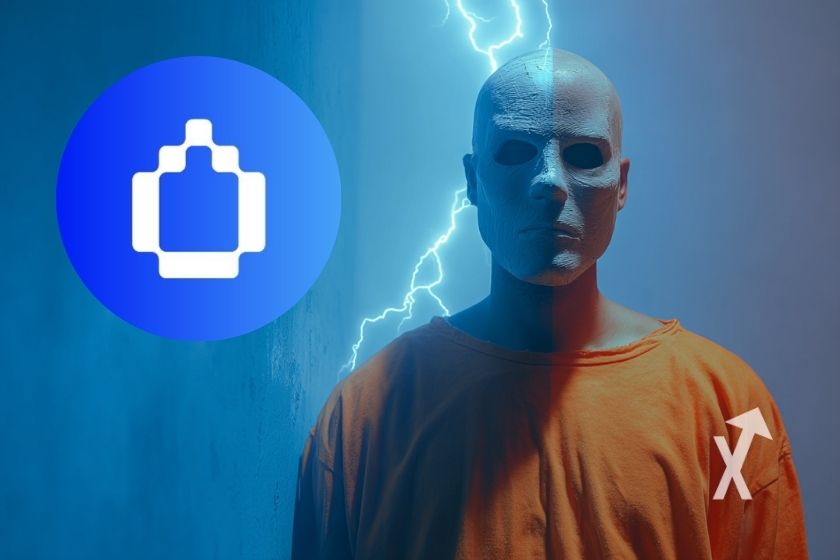 Homme avec tenue orange de prison et un logo Humidifi WET à côté sur un fond bleu