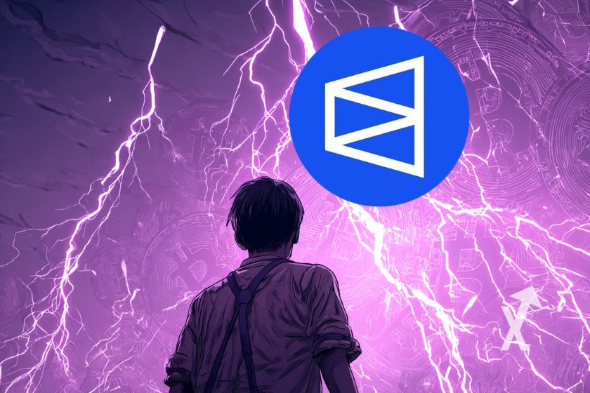 Homme de dos sur un fond violet avec des éclairs et un logo polymarket