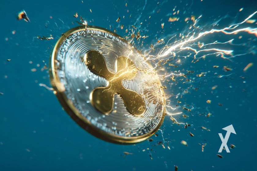 coin XRP en argent sur un fond bleu avec électricité
