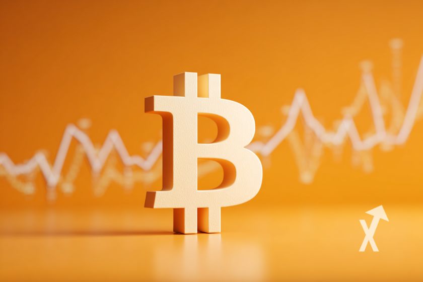 Bitcoin logog sur un fond orange avec trandline grise