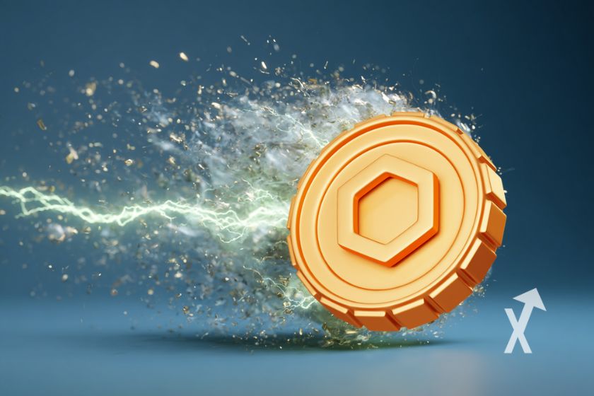 coin link de chainlink en jaune sur un fond bleu avec électricité et fumée grise