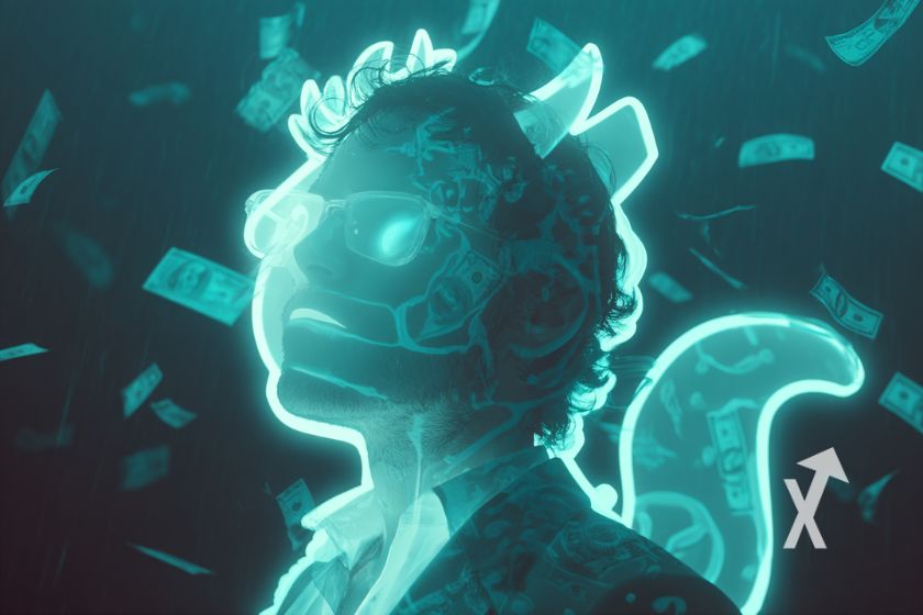 Homme en bleu avec une tuniquetransparente d'une peluche, sur un fond bleu avec dollars qui volent