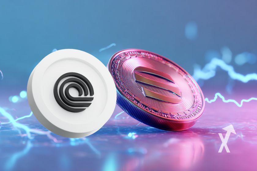 coin ondo et solana sur un fond bleu et rose avec électricité