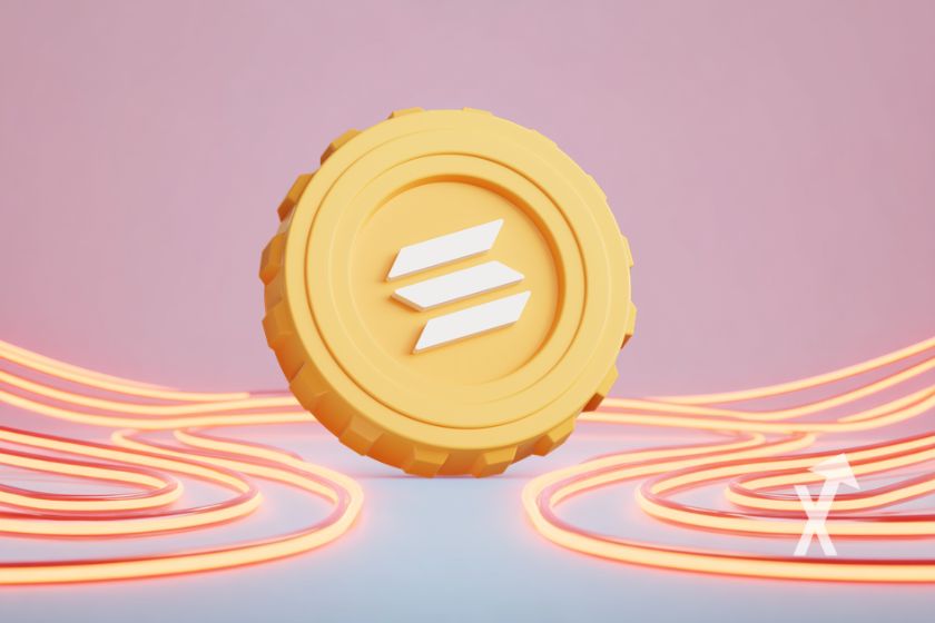 coin solana en jaune sur fond rose avec lignes oranges