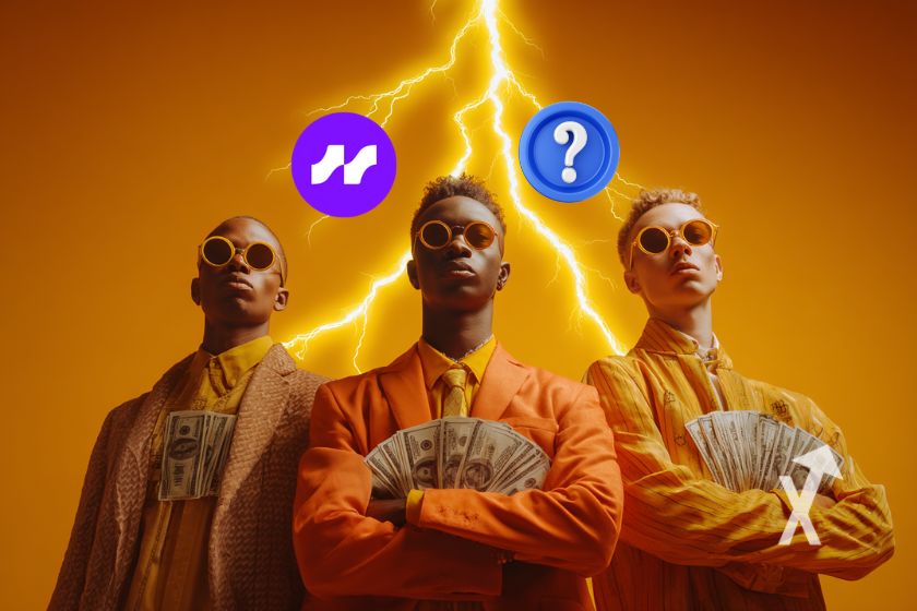 3 jeunes hommes avec des lunettes de soleil et des billets de dollars dans les bras sur un fond orange et un éclair jaune. Ainsi qu'un logo avantis et un coin bleu "?"