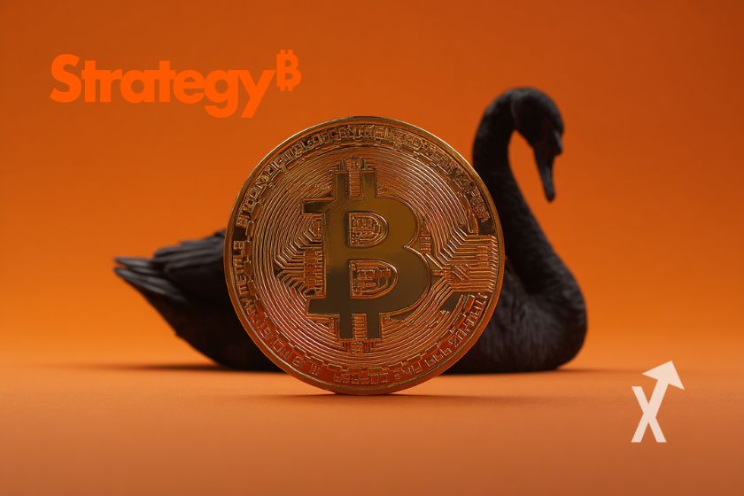 coin Bitcoin avec un cygne noir derrière sur un fond orange avec logo Strategy