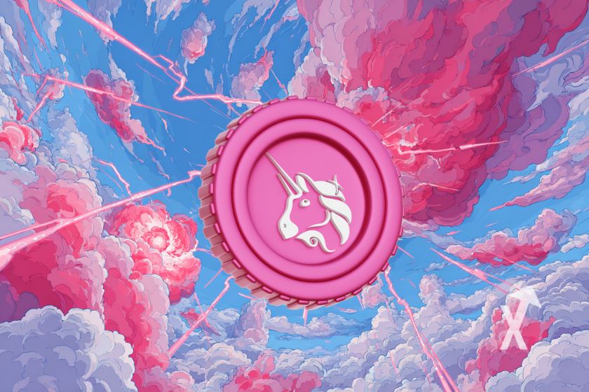 coin uni uniswap sur un fond de ciel bleu avec nuage et éclairs roses