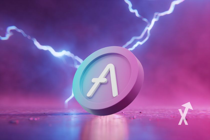 coin AAVE sur un fond rose et violet avec éclair bleu