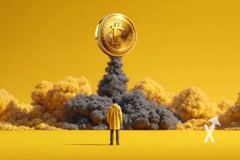 Un homme avec un manteau jaune de dos qui regarde un Bitcoin s'nevoler comme une fusée avec de la fumée noire sur un fond orange