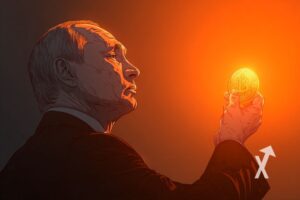 Poutine qui tient un Bitcoin qui brille dans une salle orange