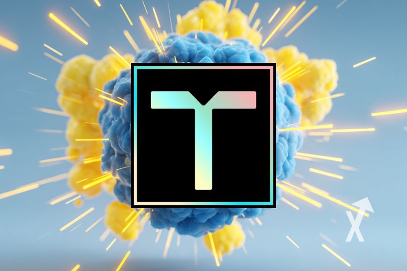 Logo Talus US sur un fond bleu avec nuage bleu et jaune de fumée et des traits jaunes