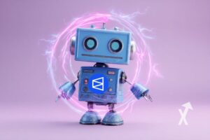 petit robot bleu sur un fond rose avec logo polymarket sur son ventre