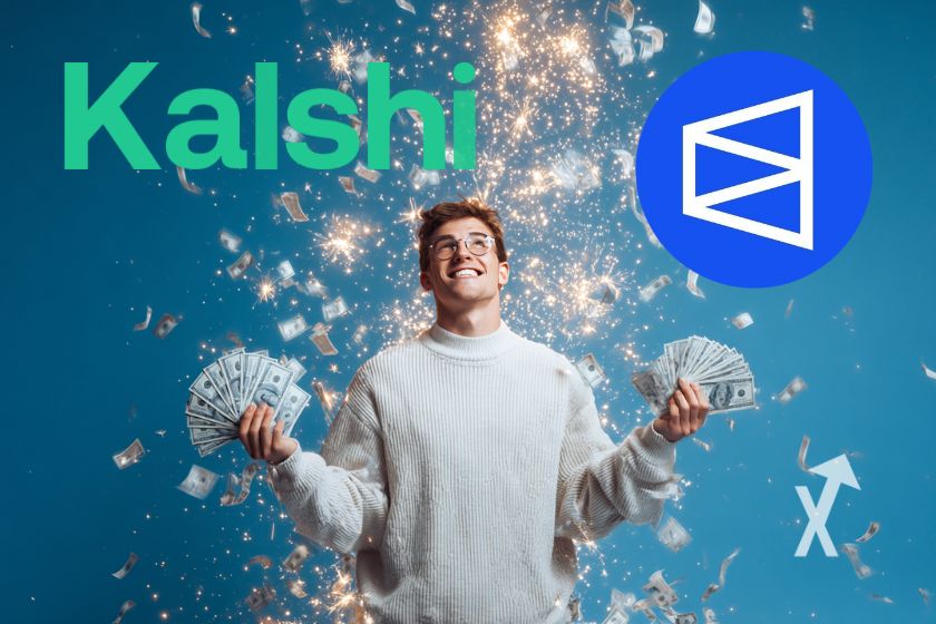 Homme avec un pull blanc qui tiens des dollars avec un feu d'artifice derrière et logo Polymarket et Kalshi sur fond bleu