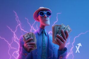 homme avec lunette et chapeau qui tient des liasses de dollars sur un fond bleu et électricité rose