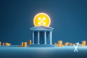 image dun' banque avec un coin XRP en jaune qui brille au-dessus sur un fond bleu