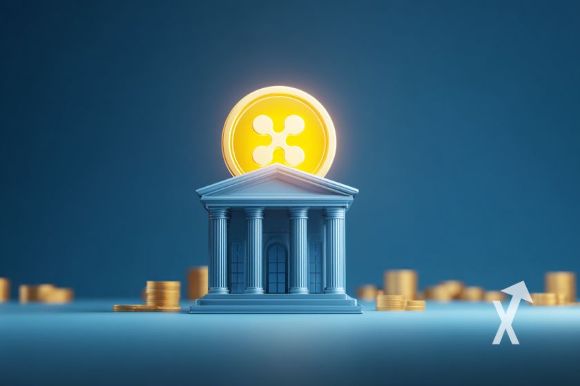 image dun' banque avec un coin XRP en jaune qui brille au-dessus sur un fond bleu