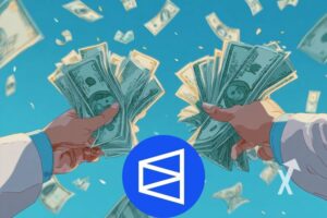 Mains qui tiennent des liasseq de dollars sur un fond bleu avec des billets qui volent