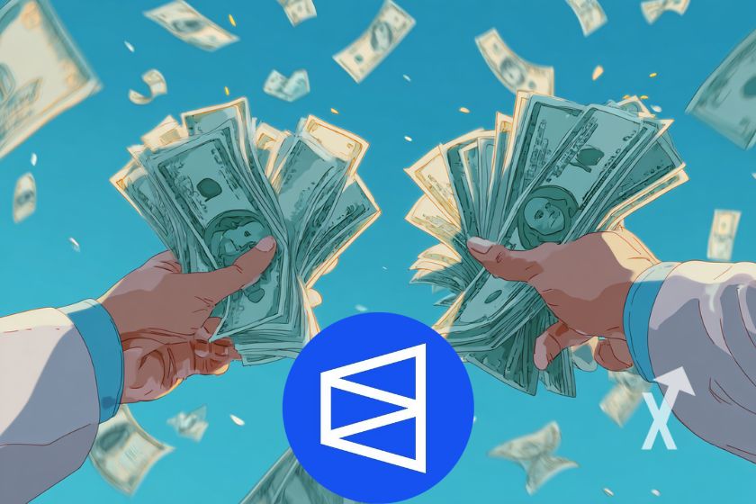 Mains qui tiennent des liasseq de dollars sur un fond bleu avec des billets qui volent