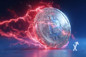coin Bitcoin avec électricité rouge autour sur un fond bleu