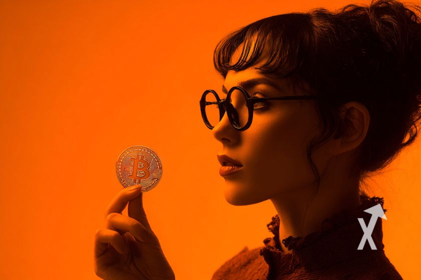 Cathie Wood dans l'ombre qui tient un Bitcoin sur un fond orange