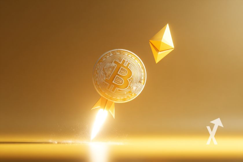 Bitcoin qui décolle comme une fudsée et un logo ethereum au-dessus sur un fond jaune