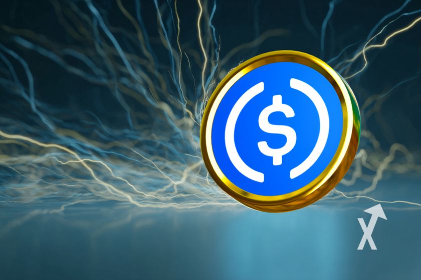 Coin Circle USDC sur un fond bleu avec des lignes de lumières