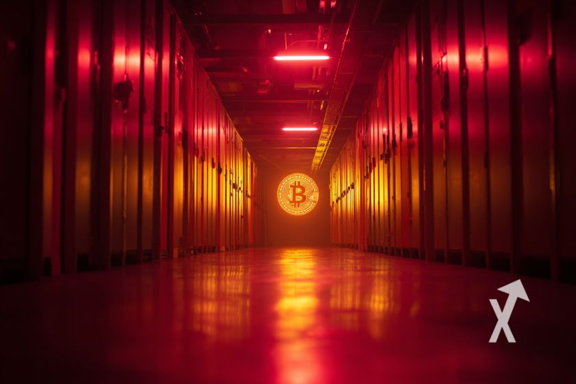 Intérieur d'un immeuble dans la nuit avec lumières rouges qui montrent un Bitcoin qui brille en jaune au fond d u couloir