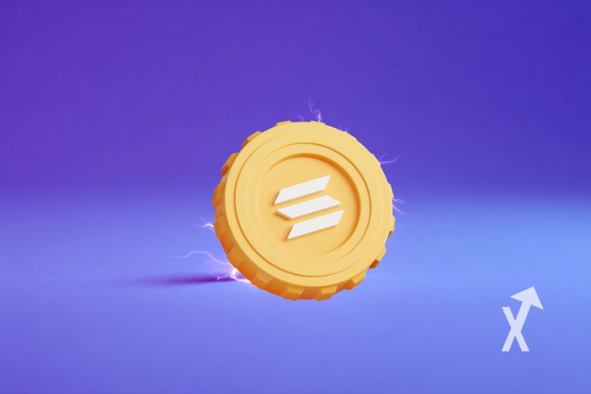 Coin solana en jaune sur un fond violet avec électricité