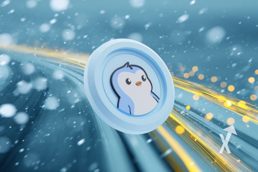 coin pengu sur un fond bleu enneigé avec néons jaune