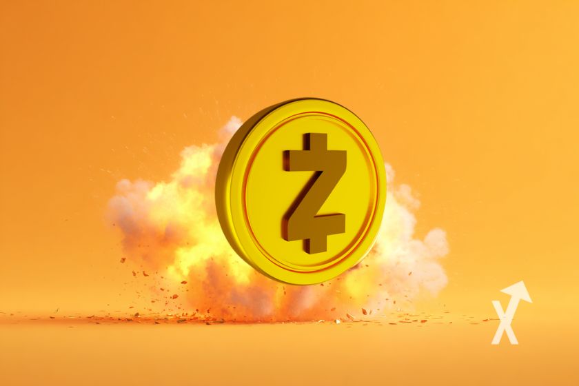 Coin zcash zec jaune sur un fond orange avec une explosion derrière le jeton