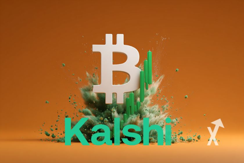 Bitcoin logo argenté sur un fond orange avec fumée grise et logo Kalshi