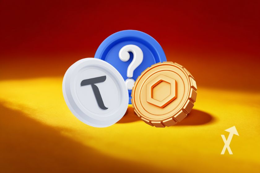 coin TAO bittsensor et Chainlink sur un fond jaune et rouge